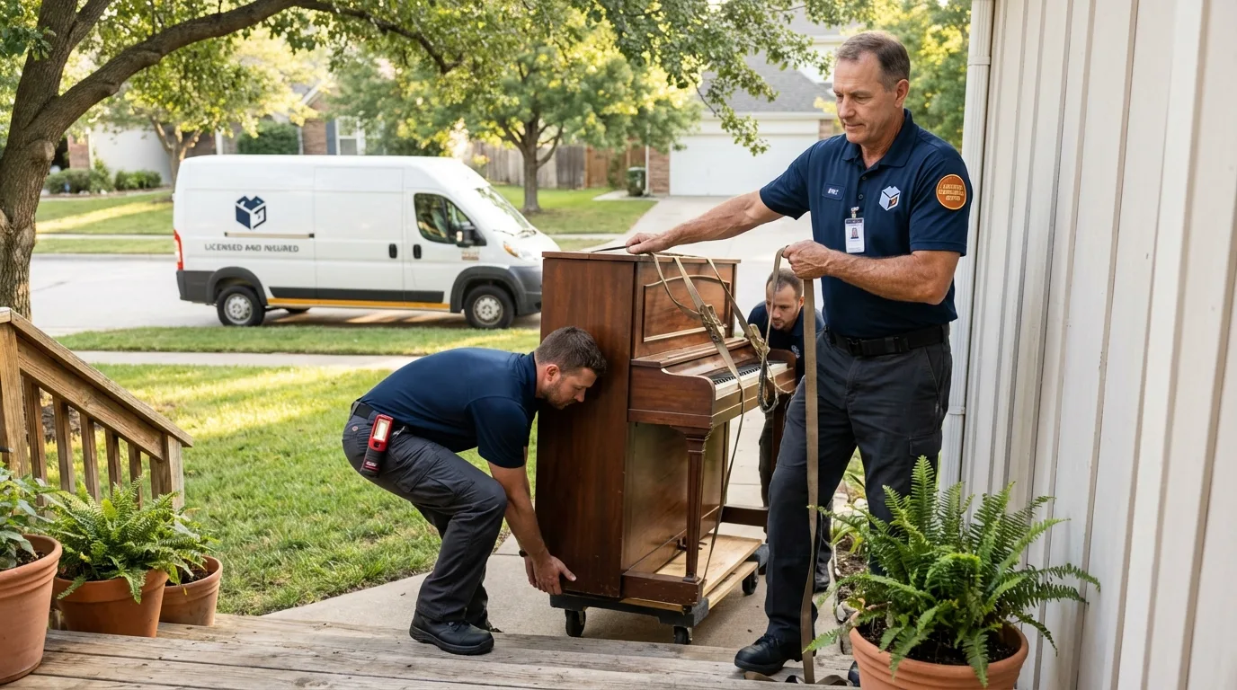 Licensed piano movers securing grand piano in Borrego Springs, CA