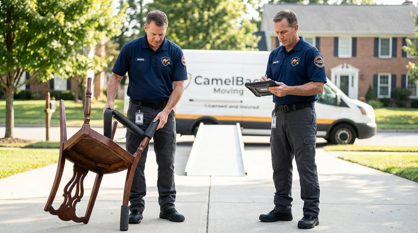 Movers inspecting furniture for damage prevention before loading in Borrego Springs, CA