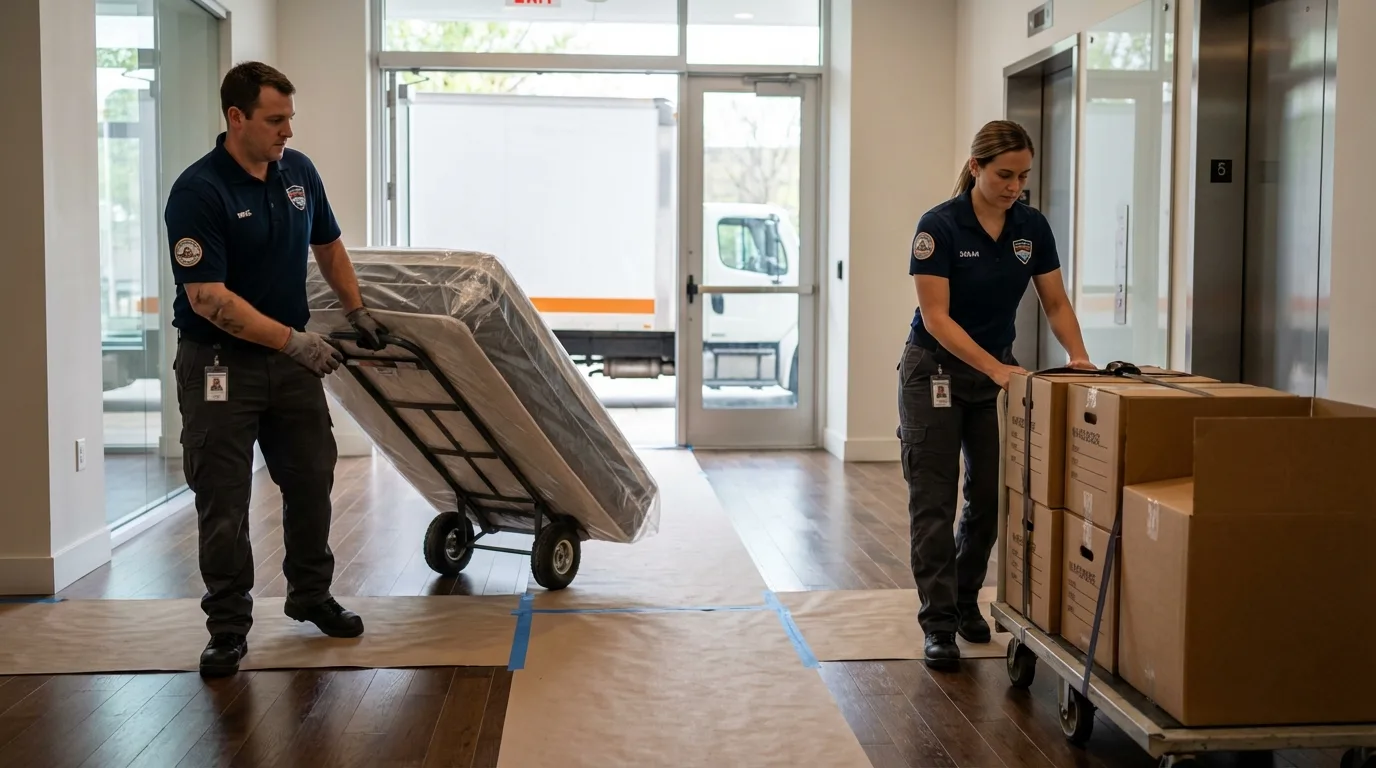 Professional apartment movers loading elevator in Borrego Springs, CA