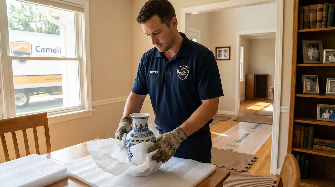 Professional crew carefully wrapping antique vase for senior downsizing move in Borrego Springs, CA